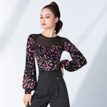 Dambo Romorden Dance Blouses Round Collar Conjoined Pretty Dancer Lantern Sleeves Latin Dance Practice Conserved Rumba Dance Costumes
