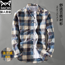 Cat Man 2021 new autumn flower plaid shirt mens long sleeve loose flannel mens ruffian handsome plaid shirt shirt