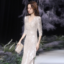 High-end evening dress skirt women 2020 new temperament banquet noble fishtail silver socialite host high-end elegance