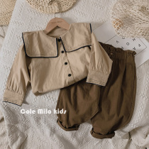 Literary retro girls  shirts Long-sleeved Western style pure cotton Navy style female treasure shirts Korean trendy baby tops fashionable