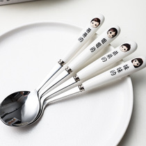 Family parent-child stainless steel spoon Adult child baby long handle ceramic rice spoon Soup spoon Household chopstick set