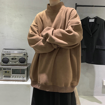 Retro harbor style chic high collar sweater men autumn and winter plus velvet Joker ins trend boy jacket loose bf lazy