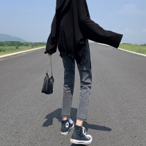  Smoke gray chic straight high waist jeans womens eight-point small cigarette tube pants 2021 spring and Autumn new nine-point