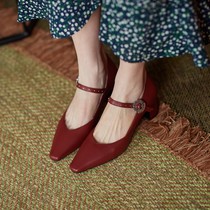 Wutong tree 2021 Spring New pointed single shoes womens belt buckle small red shoes small leather shoes coarse heel Mary Jane shoes
