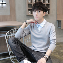 Fake two-piece sweater mens shirt collar autumn and winter warm long-sleeved knitted sweater trend casual outer wear sweater top clothes