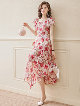 Canary Kiss Pink floral dress womens 2021 summer temperament round neck short sleeve waist midi dress