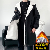 Lamb coat mens winter thickened cotton clothing mens cashmere plus cotton coat tide 2021 medium-length overcoat
