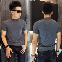 Knitwear mens autumn short-sleeved T-shirt Slim solid color sweater sweater Korean version of the tide thin round neck pullover base shirt