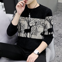 Sweater mens autumn and winter mink velvet sweater fashion trend personality forest deer thick sweater slim sweater slim sweater