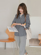Contrast color cuff base shirt ~ maternity dress spring and autumn stripes loose long sleeve casual large size Korean shirt can breastfeed