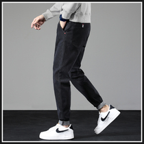 Plus velvet jeans men spring and autumn 2021 New Trend brand loose straight casual long pants black autumn and winter