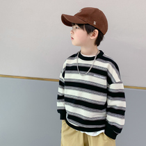 Boy striped sweatshirt spring autumn childrens spring clothes 2022 new boy blouses Damp Fry Street Fried Street Hooded Sweatshirt