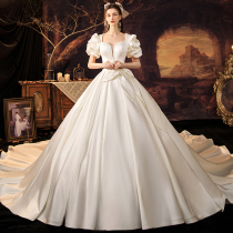 French satin main wedding dress 2021 new one-shoulder temperament bride long tail summer Princess court style