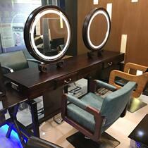 Solid wood LED with light retro hairdressing mirror hair salon special hairdressing mirror double four-sided hairdressing mirror table round hair cutting mirror