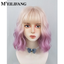 Beauty cube omelet head wig gradient pink purple short curly hair net red girl color womens group hair color full head cover style