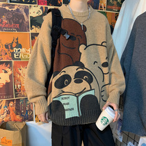 2021 autumn and winter New sweater mens thick round neck sweater Korean trend loose handsome cartoon thread coat