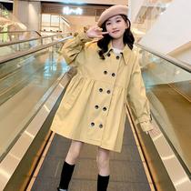 11 girls spring and autumn coat 12 Net Red 13-year-old big childrens womens clothing long double-breasted coat windbreaker