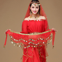 2021 new belly dance waist chain hip scarf Indian dance encryption chiffon lace three layer wave gold coin waist belt