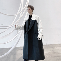 Spring and Autumn Light extravagant mens long style stitching color color coat Cape lapel over the knee double breasted coat handsome