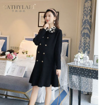 CATHYLADI maternity dress Autumn and winter butterfly bow tie knitted double-breasted decoration sweet age-reducing ruffle dress