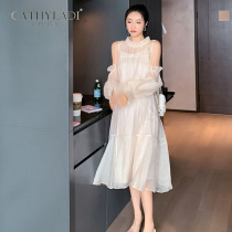 CATHYLADI Maternity dress 2021 Summer French VINTAGE CHIFFON SKIRT SUSPENDER DRESS TWO piece SUIT Female