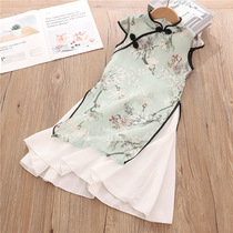 Girls cheongsam summer improvement childrens floral skirt childrens big children Chinese style princess dress Hanfu girl dress