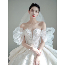 2021 new bride high-end temperament word shoulder V collar big tail wedding dress luxury cover thick arm Princess Wind Autumn