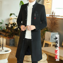 Chinese style mens 2021 new knee trench coat long trend slim coat autumn winter wool woolen coat
