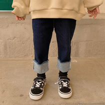 Girls thin velvet jeans autumn hair curly edge elastic soft denim childrens pants little girl baby trousers tide