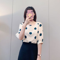 Temperament full hanging~purple Lulai elegant retro square collar white thin wild short-sleeved chiffon shirt Polka dot shirt women