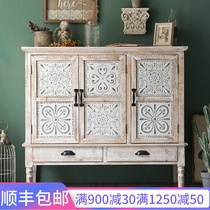 Entrance cabinet American solid wood retro French cabinet storage cabinet Living room wall decoration cabinet wall cabinet carving
