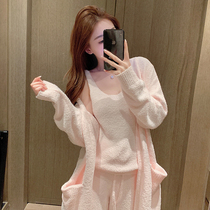 Exclamation is too sweet ~ pajamas women soft coral velvet thick warm suspenders can wear three-piece sets