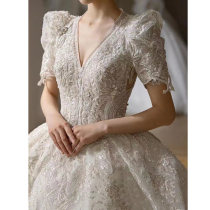 Wedding dress 2021 new bride temperament court wind heavy industry Luxury Luxury big tailing main yarn cover arm high texture female
