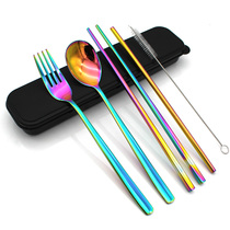  304 stainless steel vacuum titanium plated symphony tableware Household outdoor Western food chopsticks fork spoon straw tableware set