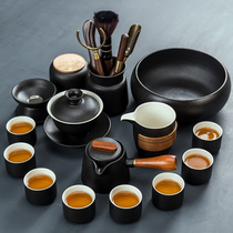 Black pottery kung fu tea set rough pottery Japanese home office tea tray tea set black Zen wind lid bowl teapot tea cup