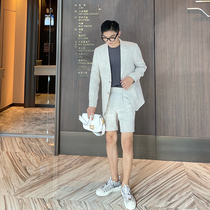 JY light cooked wear summer casual suit suit mens Korean version loose solid color linen suit shorts three-piece set