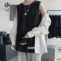 Pure Cotton Vest Mens Tide Outside Wearing Loose Summer Sports Fitness Basketball Kan Shoulder Breaking Hole White Sleeveless T-shirt Male D