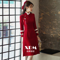 Bride toast cheongsam 2021 new winter red plus velvet vintage temperament wedding Tang dress women