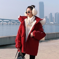 Red Parker cotton jacket 2021 new female winter thickened coat cotton jacket Korean version of loose cotton padded jacket tide ins harbor wind