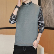 Fake two-piece sweater mens shirt leads the spring and autumn models to wear the trend outside the season all-match fashion plaid bottoming knitwear