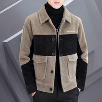 Winter thickened woolen coat mens short slim lapel imitation mink woolen jacket trend mens color coat