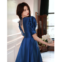Blue high-end evening dress womens satin annual banquet temperament socialite French senior texture host dress