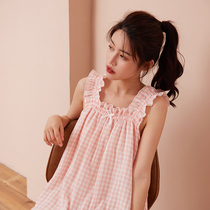 Summer new class A cotton yarn harness sleeping dress feminine sweet and cute pure cotton plaid pyjamas small fairy midlength dress