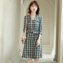 FENPERATE temperament literary check dress female 2021 early autumn new lace thin seven-point sleeve skirt