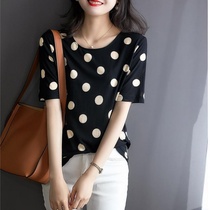 Cotton Korean version of Loose Womens small wave dot round neck short sleeve t-shirt black casual versatile temperament top tide