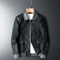 Leather mens lapel jacket short locomotive 2021 new autumn middle-aged loose size dad jacket men