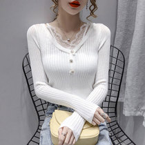 Spring and Autumn Thin V Collar Knitted Sweater Womens Interior 2021 New Slim Long Sleeve Lace Splice base shirt Top