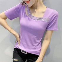 Tide brand 2021 summer new sexy open open clavicular T-shirt women fashion hot diamond thin short sleeve top