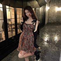 NAOAO rose retro sundress womens summer new waist thin floral dress short slim skirt