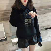 Plus velvet padded sweater women autumn and winter large size Korean bf loose slim fake two gold velvet top base shirt